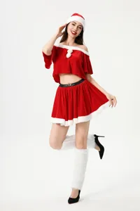 Detail view of the red Christmas costume top, furry trim, and festive party style.