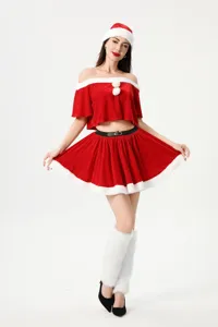 Women Christmas Santa Claus costume velvet off-shoulder crop top skirt party outfit