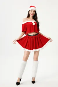 Detail shot of women adult Christmas costume set featuring off-shoulder top and fluffy skirt.