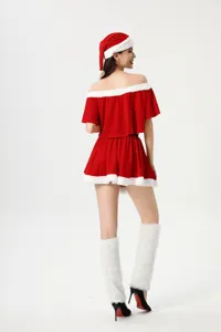 Women's Christmas Santa costume off-shoulder red top skirt set with hat and leg warmers