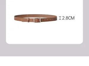 Brown leather belt featuring a sleek silver square buckle, clean detail shot showing 2.8cm width.