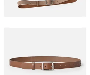 Minimalist leather belt with square metal buckle, detailed view of premium material strap.