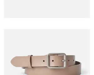Minimalist women's leather belt with matte silver square buckle, versatile casual accessory.