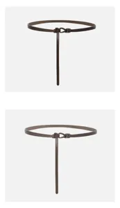 Vue détaillée de la fine ceinture en cuir marron avec un nœud élégant, accessoire de taille chic.