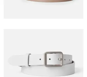 White leather belt detail showcasing the classic metallic square buckle and smooth finish.