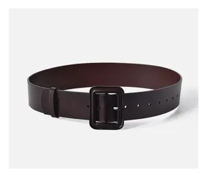 Close-up of dark brown wide leather belt with matching covered square buckle detail.