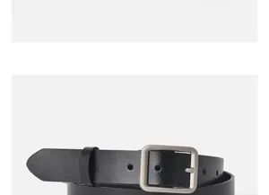 Minimalist black leather belt with silver square buckle, versatile unisex fashion accessory.