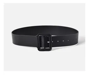 Black wide leather belt for women, stylish coat waist cincher and dress accessory detail.