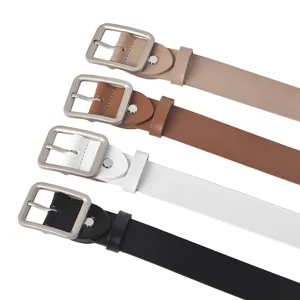 Women leather belt with square metal buckle, versatile stylish casual strap in multi colors.
