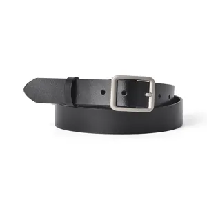 Classic black leather belt with silver square buckle, minimalist unisex waist strap for daily wear.