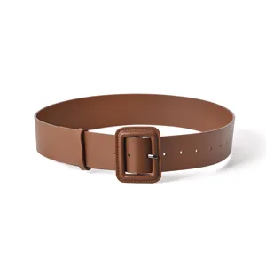 Wide brown leather waist belt with wrapped square buckle for women trench coat dress.