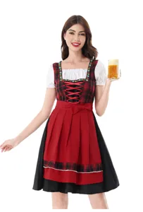 Detailed view of traditional German Oktoberfest Dirndl dress with red plaid pattern.