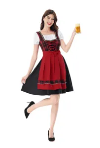 Detailed view of the traditional German Oktoberfest Dirndl dress in red plaid and black design.