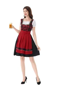 Detailed view of women traditional German Oktoberfest Bavarian Dirndl red plaid dress costume.