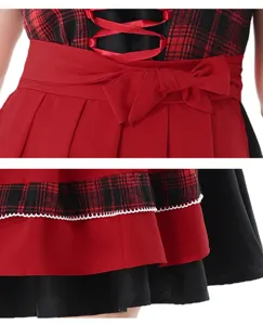 Close-up detail of women German Oktoberfest Dirndl dress red plaid bodice with bow.