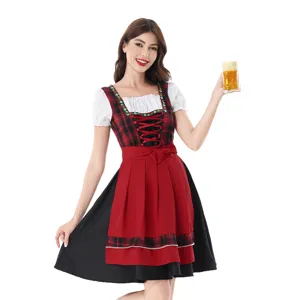 Women Traditional German Oktoberfest Costume Bavarian Dirndl Red Plaid Dress Short Sleeve Blouse With Apron Carnival Party