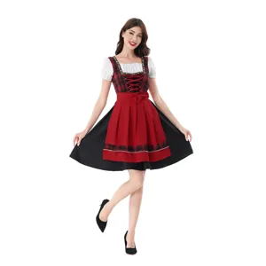 Traditional German Oktoberfest Dirndl Dress Bavarian Women Carnival Costume Red Plaid Outfit
