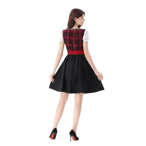 Traditional German Oktoberfest dirndl dress for women, red plaid bodice and black skirt back view