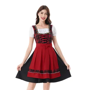 Traditional German Oktoberfest dirndl dress for women, red plaid carnival costume outfit.