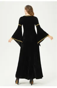 Medieval Renaissance velvet gothic witch dress with dramatic trumpet sleeves for Halloween cosplay.