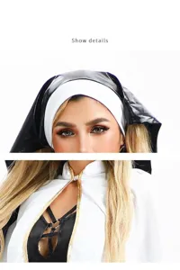 Halloween adult nun cosplay costume set with black cape and white headpiece for women.