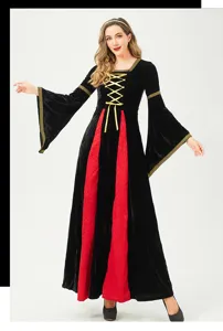 Medieval renaissance gothic witch dress detail, black velvet long sleeve costume for party.