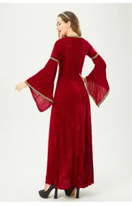 Medieval renaissance red velvet dress back view showing bell sleeves and gold trim details.