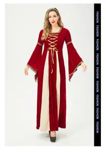 Medieval renaissance red velvet long dress with lace-up bodice and flared sleeves.