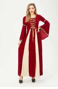 Medieval renaissance long sleeve dress with lace-up front and red velvet style design.