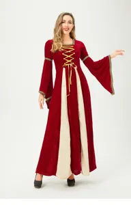 Renaissance medieval costume dress featuring red velvet, beige panels, and gold lace-up details.