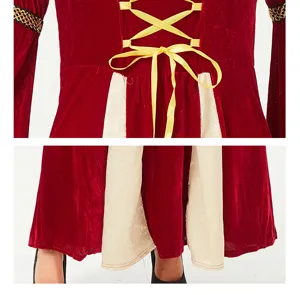 Medieval Renaissance women costume dress detail view, vintage red velvet gothic cosplay.