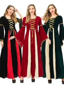 Women's Medieval Renaissance Vintage Witch Costume Long Sleeve Floor Length Dress With Headband Halloween Party Outfit