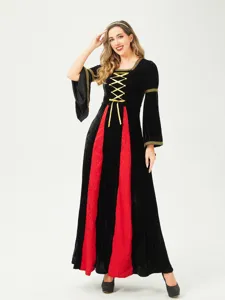 Medieval Renaissance vintage witch dress for women Halloween costume long sleeve black red gown.