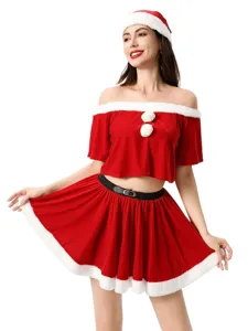 Women Christmas Santa Claus Costume Off Shoulder Crop Top Skirt Hat Festive Holiday Party Outfit