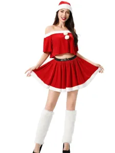 Women Christmas costume adult holiday party outfit off-shoulder crop top and skirt set