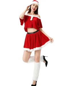 Women Christmas Santa Costume Velvet Off-Shoulder Top Skirt Holiday Party Outfits