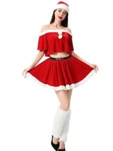 Women Christmas Santa Claus costume set off shoulder velvet crop top and skirt for party