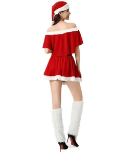 Women Christmas Santa costume off shoulder velvet dress with hat and leg warmers outfit.