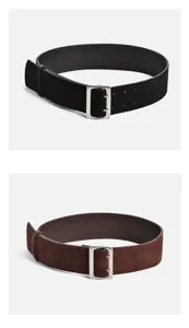 Wide suede leather belt for women with metal double prong buckle vintage waist band