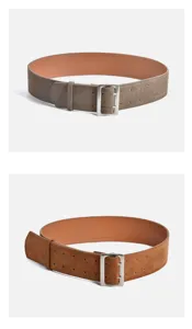 Wide suede leather belt for women with stylish metal pin buckle and double hole design.
