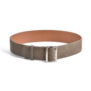 Women vintage wide suede leather belt with silver square buckle and double holes design.