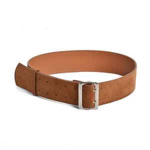 Brown suede wide belt for women, retro leather waist band with double prong metal buckle.