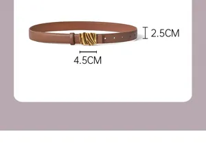 Detailed view of women brown leather belt with unique gold metallic wavy buckle and size specs.