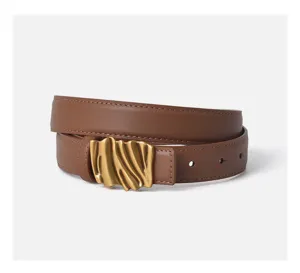Brown leather belt featuring a unique gold irregular metal buckle for women's stylish wear.