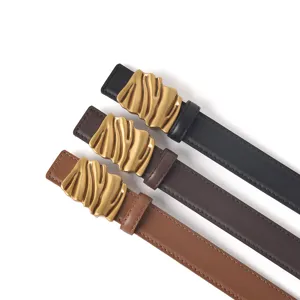Women genuine leather belt retro stylish gold metal buckle waist strap main view display