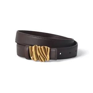 Women's genuine brown leather belt with unique abstract gold buckle retro waist strap