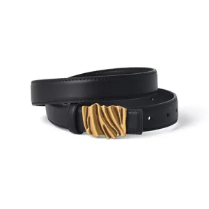 Women's genuine leather belt with artistic wavy gold metal buckle, stylish retro black waist belt.