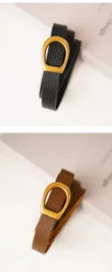 Women genuine leather belt with gold metal D-buckle and textured cowhide for stylish wear.