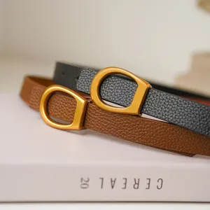 Women's genuine leather belt with stylish metal D-buckle, classic black and brown casual waist belt.