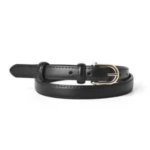 Elegant women black thin leather belt gold D buckle minimalist casual trousers dress style
